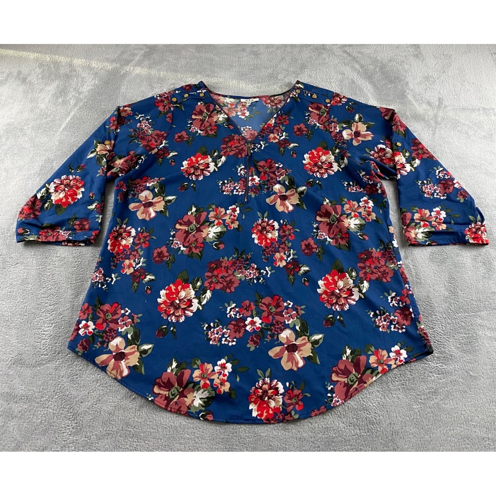MPH Collection Womens 2X Floral Half Zip Roll Tab Sleeve Blouse Blue Multi Tunic